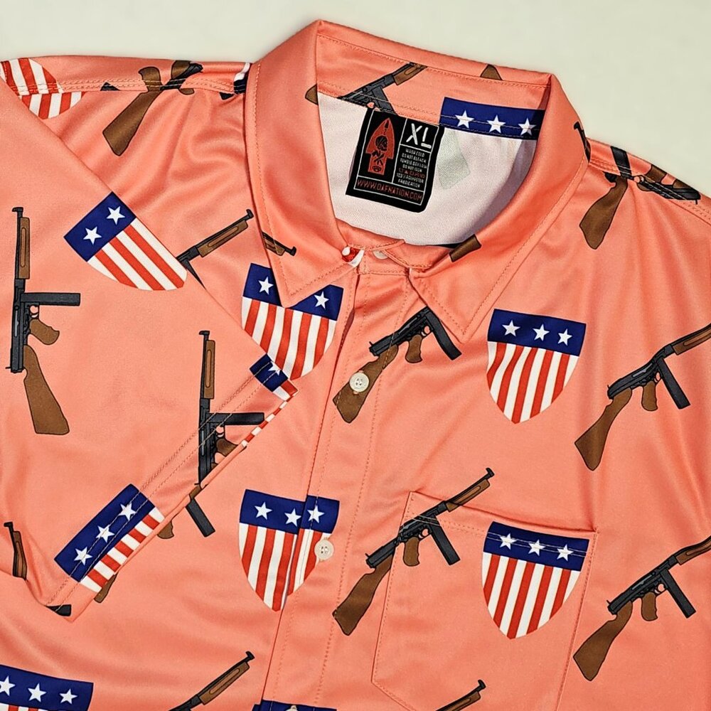 OAF Nation Men's XL Button Up Shirt Thompson Tommy Gun Patriotic Salmon Pink 2A
